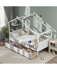 Skonyon Twin House Bed with 2 Storage Drawers and Roof & Fence Rails-White