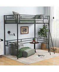 Skonyon Twin Metal Loft Bed Frame with Ladder and Metal Slats Support-Black