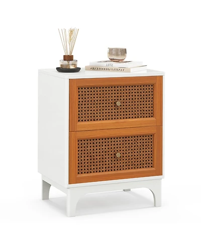 Sugift Boho Accent Table Nightstand with 2 Handwoven Rattan Decorated Drawers-White