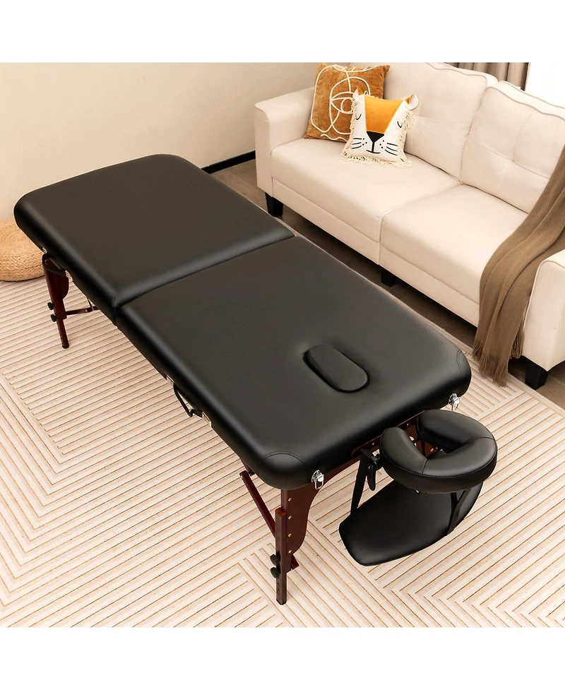 Sugift Folding Massage Table with Height-adjustable Beech Wood Frame-Black