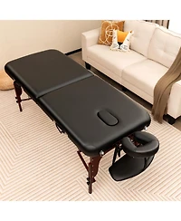 Sugift Folding Massage Table with Height-adjustable Beech Wood Frame-Black
