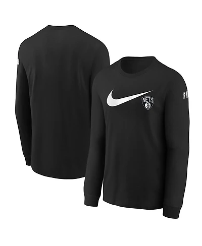 Nike Big Boys and Girls Black Brooklyn Nets Swoosh Long Sleeve T-Shirt