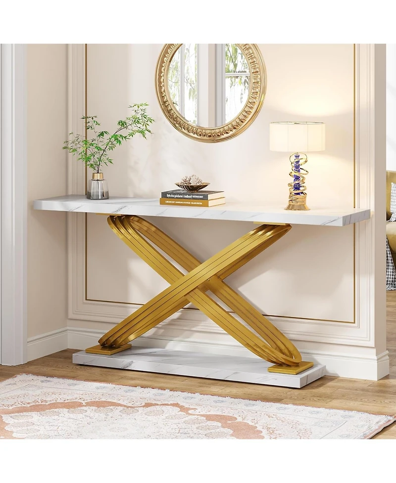 Tribesigns 55 Inch Modern Console Table, Faux Marble Gold Entryway Table Behind Sofa Couch, Narrow Rectangular Sofa Table for Living Room, Bedroom, Fr