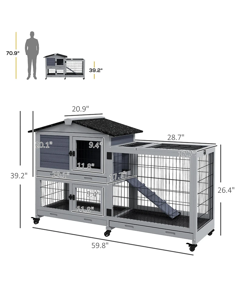 2-Story Rabbit Hutch with Slide-Out Tray and Wheels