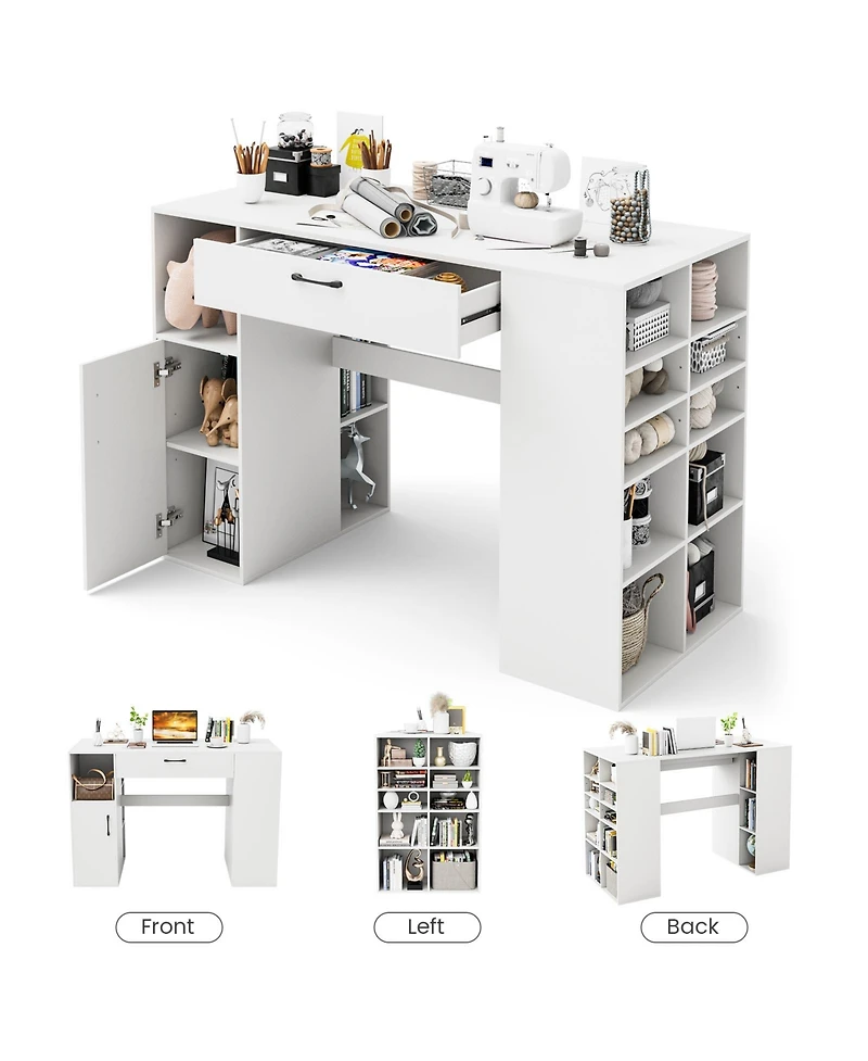 Counter Height Sewing Craft Table Computer Desk with Adjustable Shelves and Drawer-White