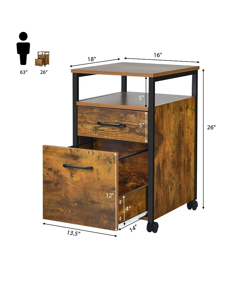 Skonyon 2 Drawer Mobile File Cabinet Printer Stand with Open Shelf for Letter Size-Rustic Brown
