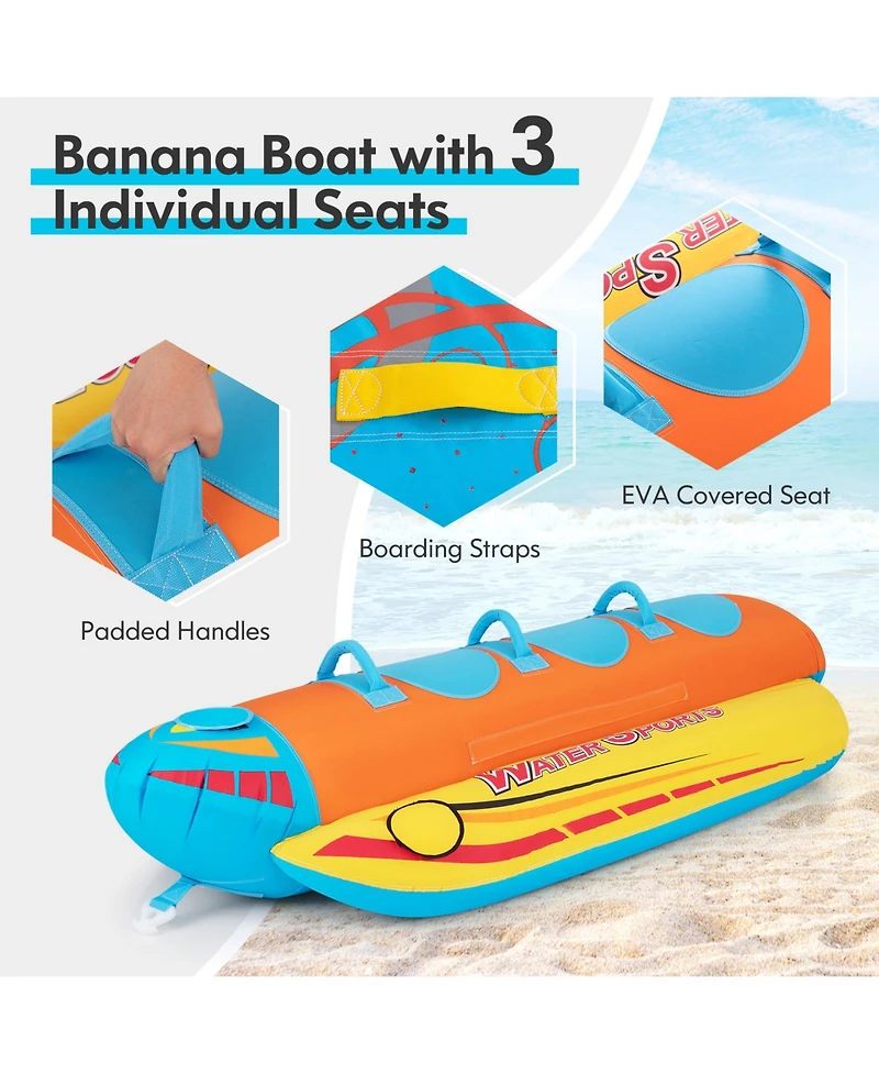 3-Person Inflatable Banana Boat with 3 Eva-padded Seats and Handles