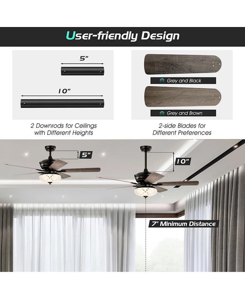 Sugift 52 Inch Ceiling Fan with 3 Wind Speeds and 5 Reversible Blades