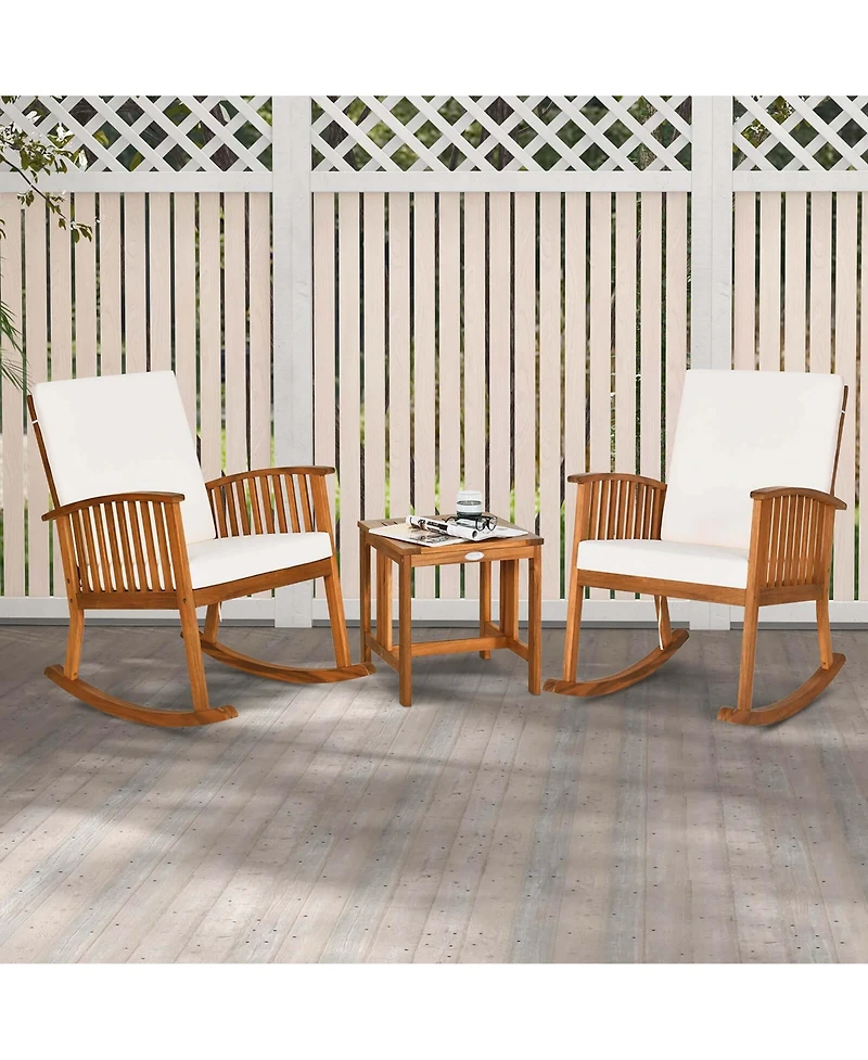 Costway 3 Pieces Acacia Wood Rocking Bistro Set with Coffee Table and Cushions for Lawn