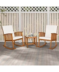 Costway 3 Pieces Acacia Wood Rocking Bistro Set with Coffee Table and Cushions for Lawn