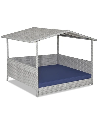 Wicker Dog House with Waterproof Roof and Washable Cushion Cover-Navy