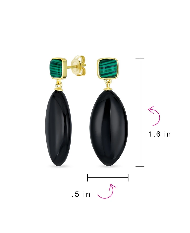 Bling Jewelry Unique Linear Malachite Black Natural Onyx Rhombus Shape Square Multi- Party Dangling Earrings in Gold Plated