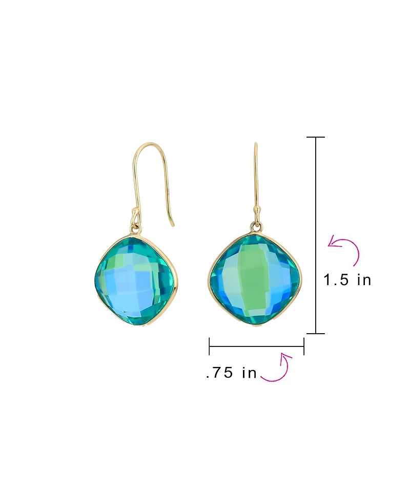 Bling Jewelry Classic 10K Gold Faceted Briolette Bezel Set Square Cushion Cut Blue Peacock Doublet Synthetic Quartz Dangle Drop Earrings Wire Fish Hoo