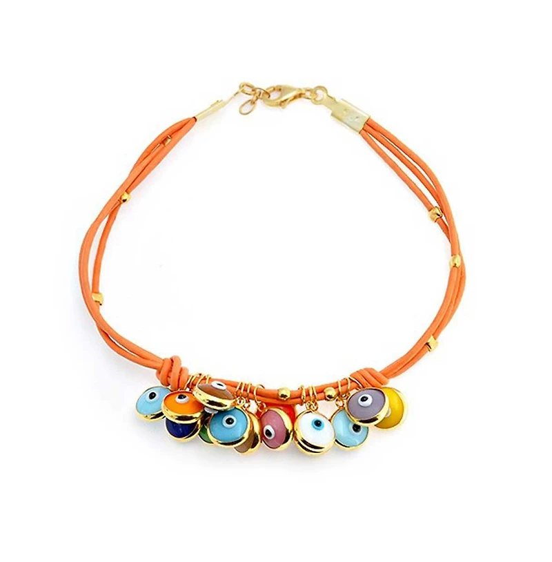Bling Jewelry Boho Leather Red Turkish Dangle Multi Color Evil Eye Charm Bracelet Yellow Gold Plated Sterling Silver Adjustable