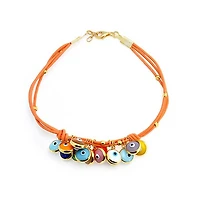 Bling Jewelry Boho Leather Red Turkish Dangle Multi Color Evil Eye Charm Bracelet Yellow Gold Plated Sterling Silver Adjustable