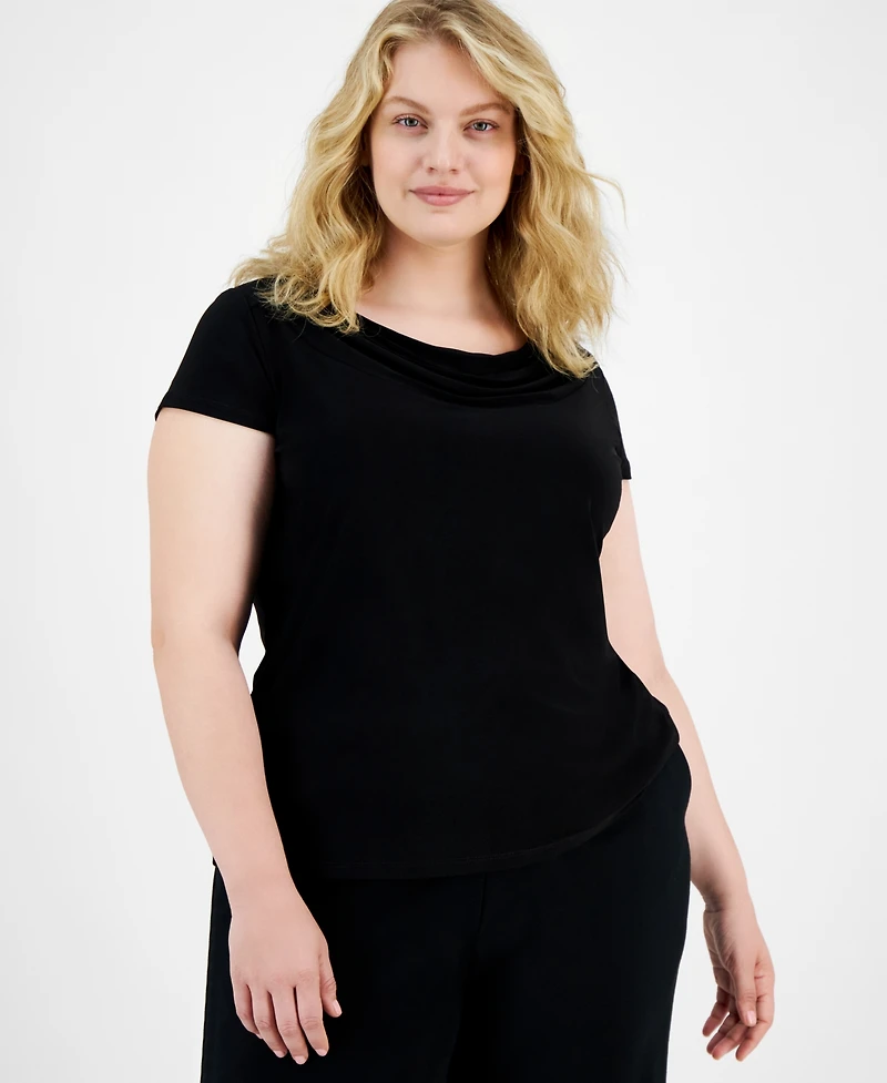 Kasper Plus Stretch Knit Short-Sleeve Cowl-Neck Top