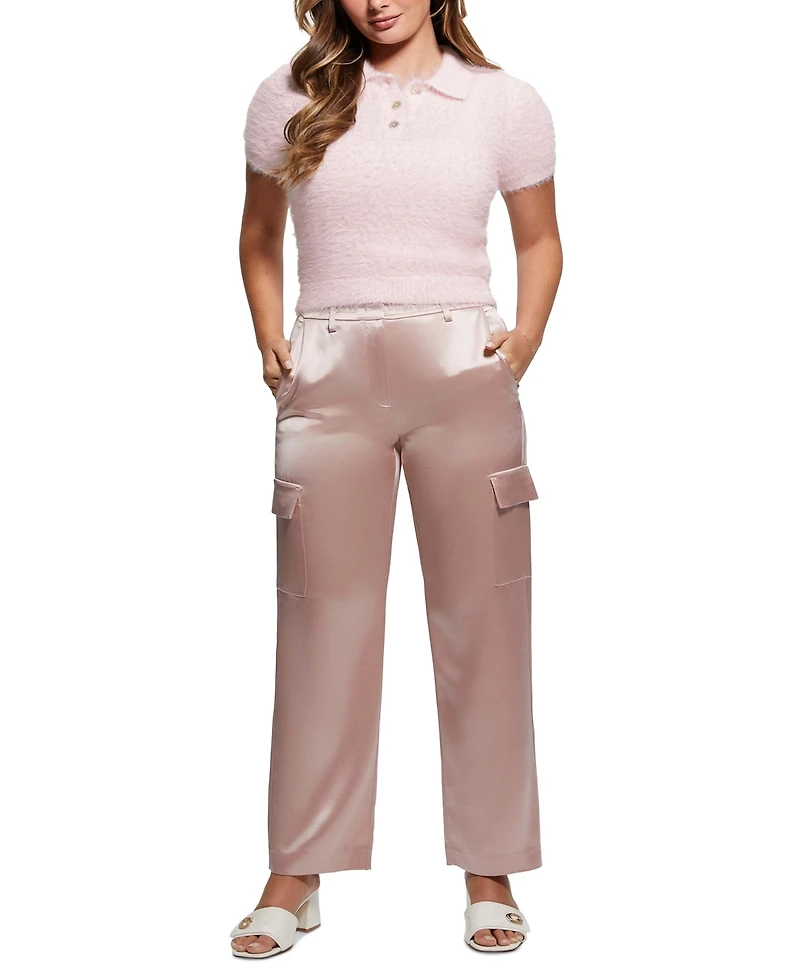 Guess Women's Coraline Fuzzy Short-Sleeve Polo Sweater