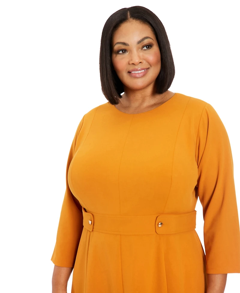 London Times Plus Size 3/4-Sleeve Tab-Waist Fit & Flare Dress