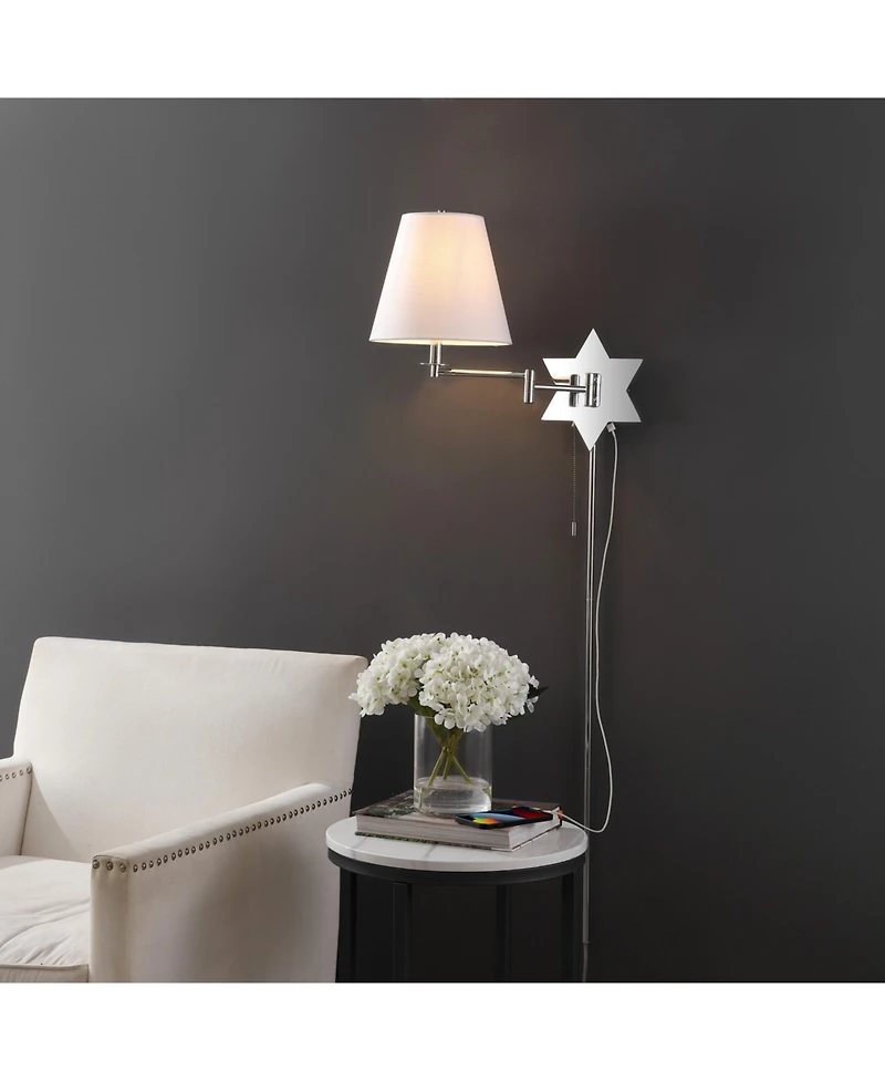 Jonathan Y David 18.5" 1-Light Modern French Country Swing Arm Plug-In or Hardwired Iron Led Star Wall Sconce with Pull-Chain and Usb Charging Port