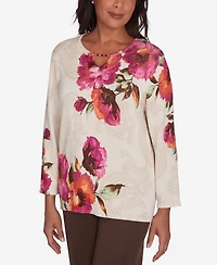 Alfred Dunner Petite Wine Country Watercolor Floral Beaded Split Neck Top