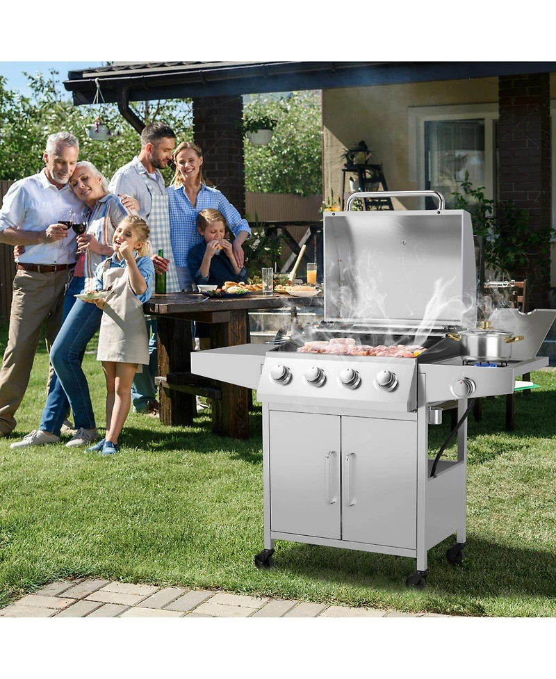 Skonyon 50000BTU 5-Burner Propane Gas Grill with Side Burner and 2 Prep Tables-Silver