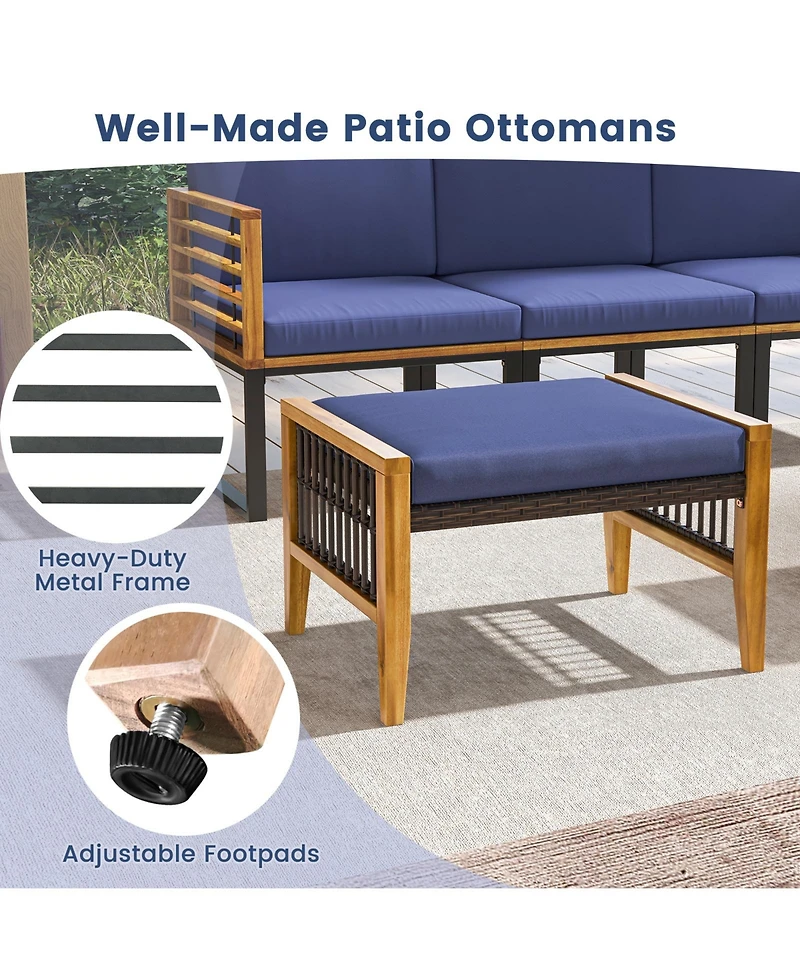 Skonyon Patio Acacia Wood Ottomans with Cushions and Versatile Rattan Woven Footstools-Navy