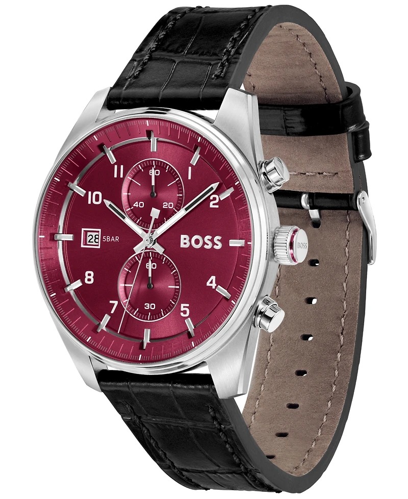 Hugo Boss Men's Sky Traveler Quartz Fashion Chrono Black Croc Leather Watch 44mm