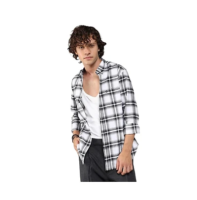 Campus Sutra Men's Chalk White & Midnight Black Brushed Buffalo Check Shirt
