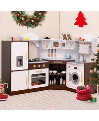 Costway Corner Play Kitchen with Ice Maker Microwave Oven for Kids 3+ Years Old Wooden Toy