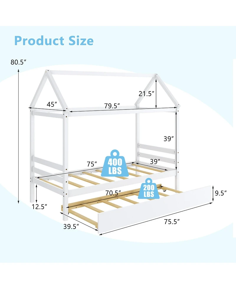 Gymax Twin House Bed Frame w/ Trundle Roof Wooden Platform Mattress Foundation Grey