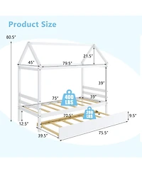 Gymax Twin House Bed Frame w/ Trundle Roof Wooden Platform Mattress Foundation Grey