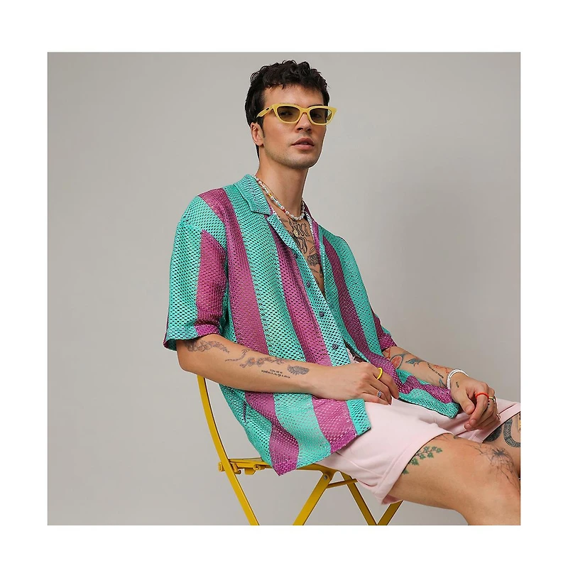 Campus Sutra Men's Mint Green & Plum Purple Balanced Striped Oversized Shirt