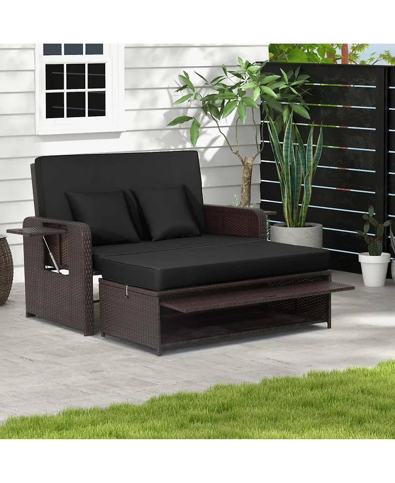 Patio Rattan Loveseat Set Daybed Lounge Storage Ottoman Side Tables Adjust