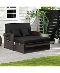 Patio Rattan Loveseat Set Daybed Lounge Storage Ottoman Side Tables Adjust