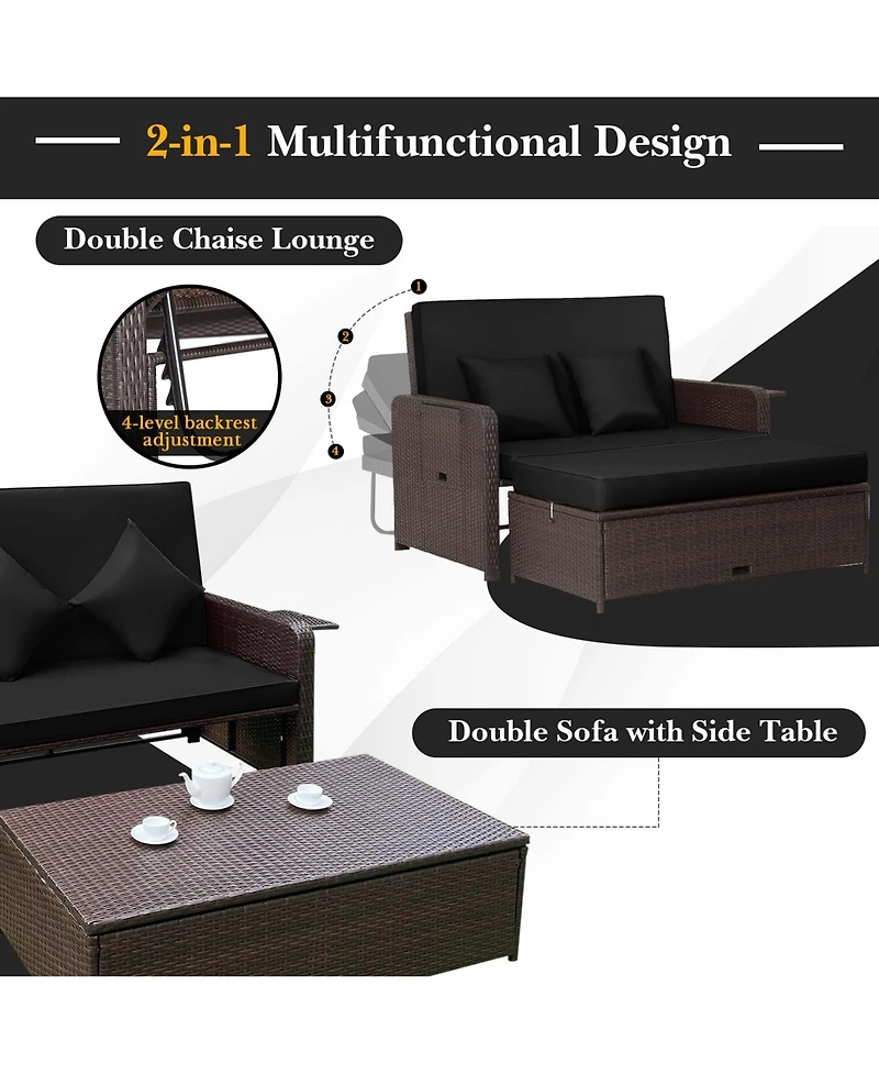 Patio Rattan Loveseat Set Daybed Lounge Storage Ottoman Side Tables Adjust