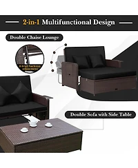 Patio Rattan Loveseat Set Daybed Lounge Storage Ottoman Side Tables Adjust