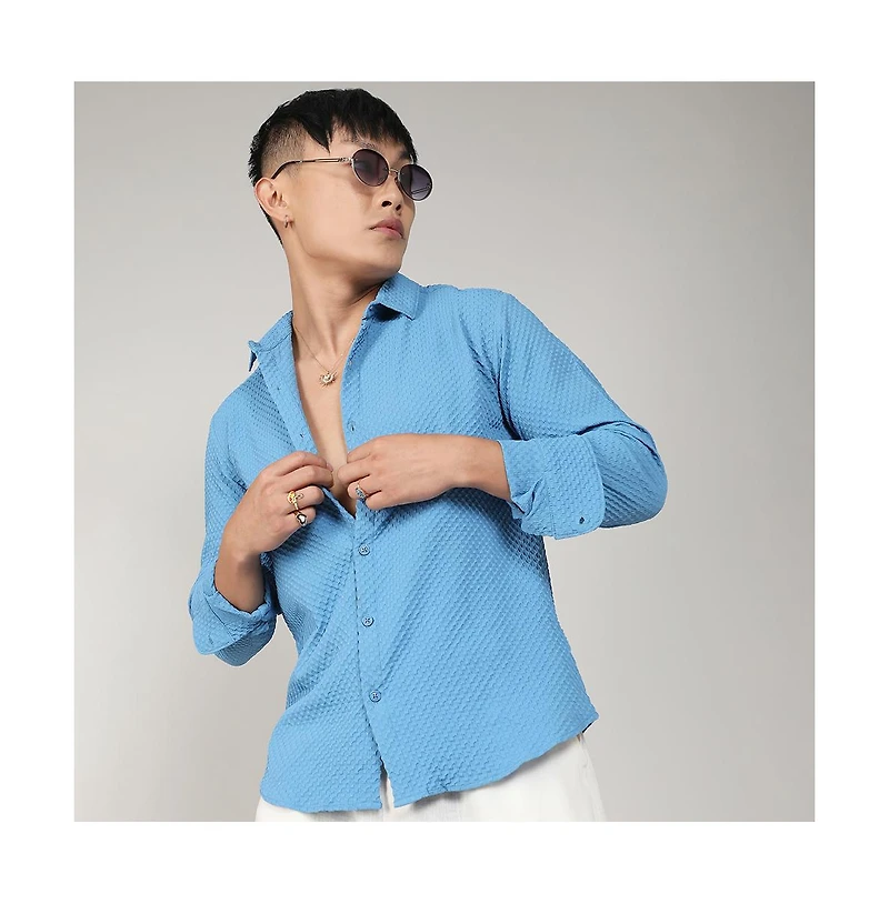 Men's Sky Blue Textured Micro Buffalo Check Shirt
