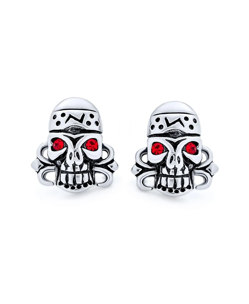 Bling Jewelry Halloween Dia De Los Muertos Caribbean Pirate Skull Red Crystal Eyes Stud Earrings Silver Tone Black Oxidized Stainless Steel