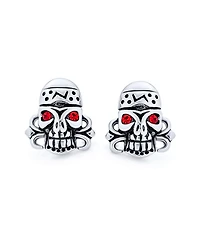Bling Jewelry Halloween Dia De Los Muertos Caribbean Pirate Skull Red Crystal Eyes Stud Earrings Silver Tone Black Oxidized Stainless Steel