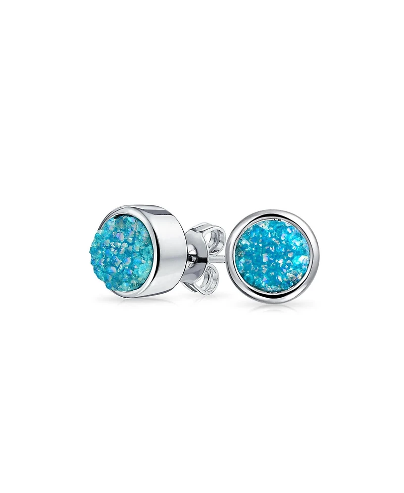 Bling Jewelry Boho Simple Fashion Bezel Set Dyed Aqua Blue Druzy Natural Quartz Stud Earrings Silver Plated Brass