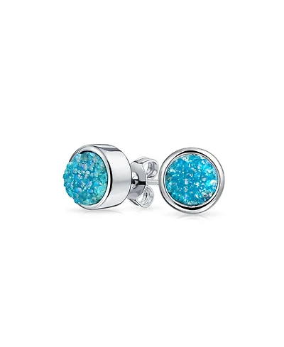 Bling Jewelry Boho Simple Fashion Bezel Set Dyed Aqua Blue Druzy Natural Quartz Stud Earrings Silver Plated Brass