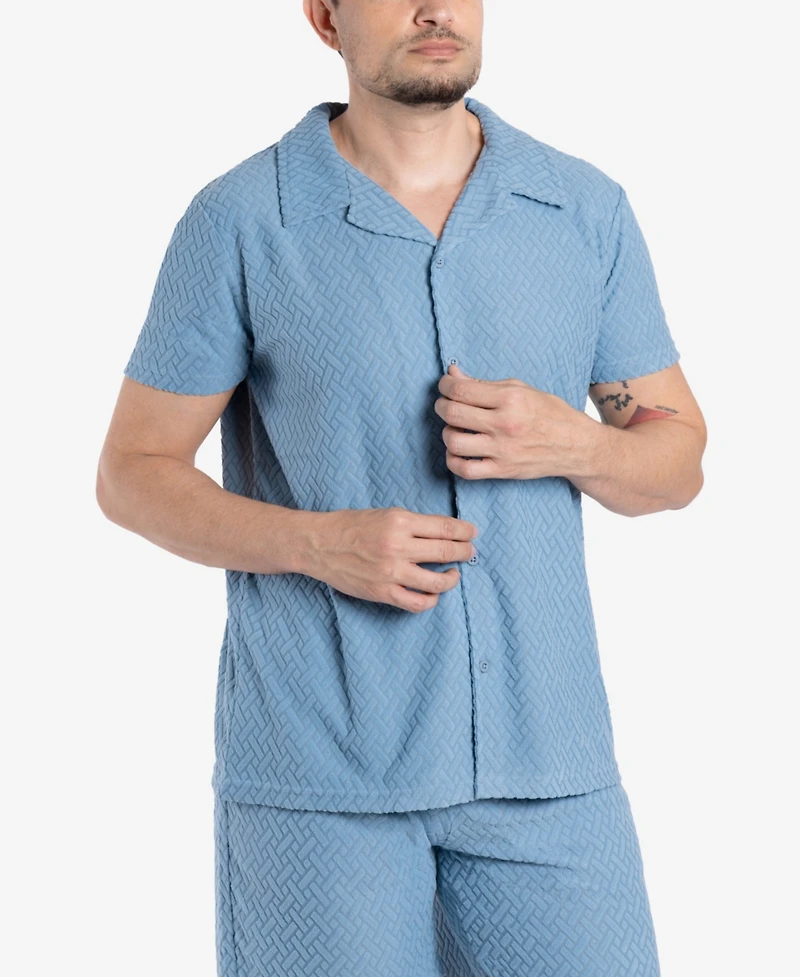 Spring + Mercer Men's Casual Textured Camp Collar Short Sleeve Button-Up Shirt