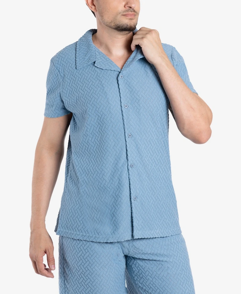 Spring + Mercer Men's Casual Textured Camp Collar Short Sleeve Button-Up Shirt