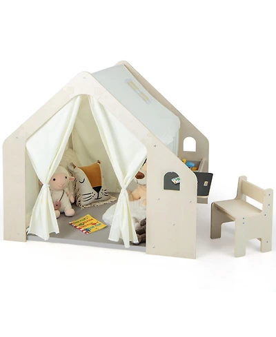 Montessori Style Indoor Playhouse with Storage Bin and Floor Mat for Toddlers Aged 2-6 Years Old-Beige