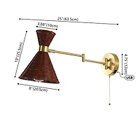 Jonathan Y Lily 25" 1-Light Mid-Century Vintage Retro Rattan/Metal Usb Charging Swing Arm Led Sconce with Pull Chain, Light Brown/Brass Gold