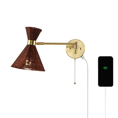 Jonathan Y Lily 25" 1-Light Mid-Century Vintage Retro Rattan/Metal Usb Charging Swing Arm Led Sconce with Pull Chain, Light Brown/Brass Gold