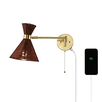 Jonathan Y Lily 25" 1-Light Mid-Century Vintage Retro Rattan/Metal Usb Charging Swing Arm Led Sconce with Pull Chain, Light Brown/Brass Gold