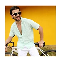 Men's Mint Green Embroidered Striped Shirt