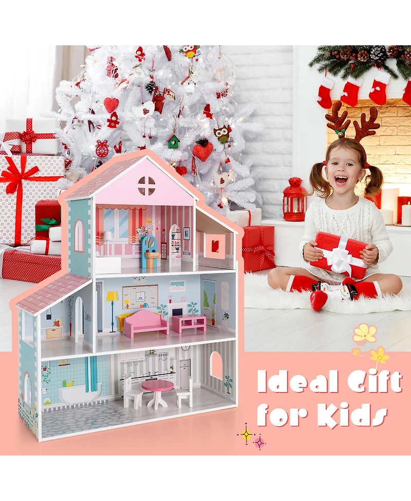 Costway Wooden Dollhouse For Kids 3-Tier Toddler Doll House W/Furniture Gift For Age 3+