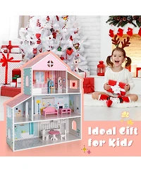 Costway Wooden Dollhouse For Kids 3-Tier Toddler Doll House W/Furniture Gift For Age 3+